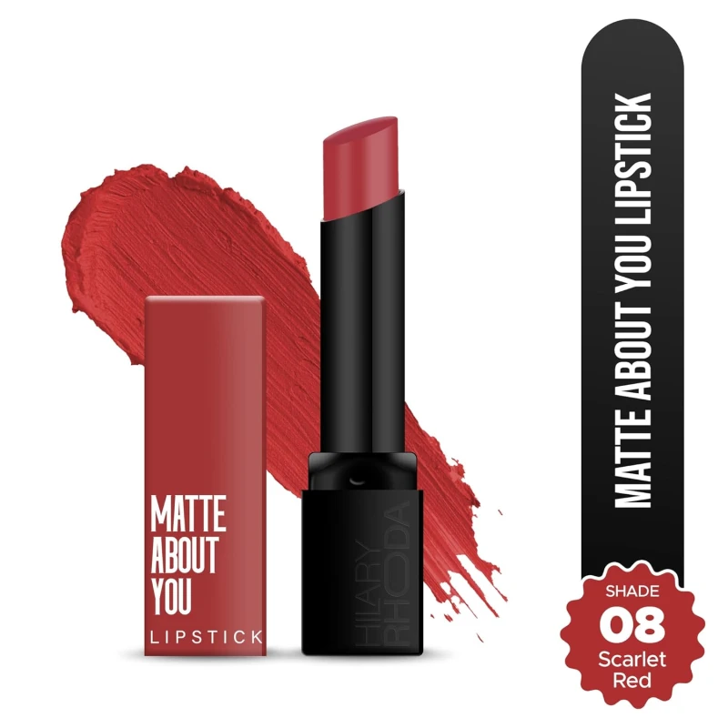 Hilary Rhoda Matte About You Lipstick | Long Lasting & Highly Pigmented Lipstick | Glides Smoothly | Matte Finish | One Stroke Application | Cruelty-Free & Vegan - 3g (Scarlet Red - Shade 08) thumbnail 2